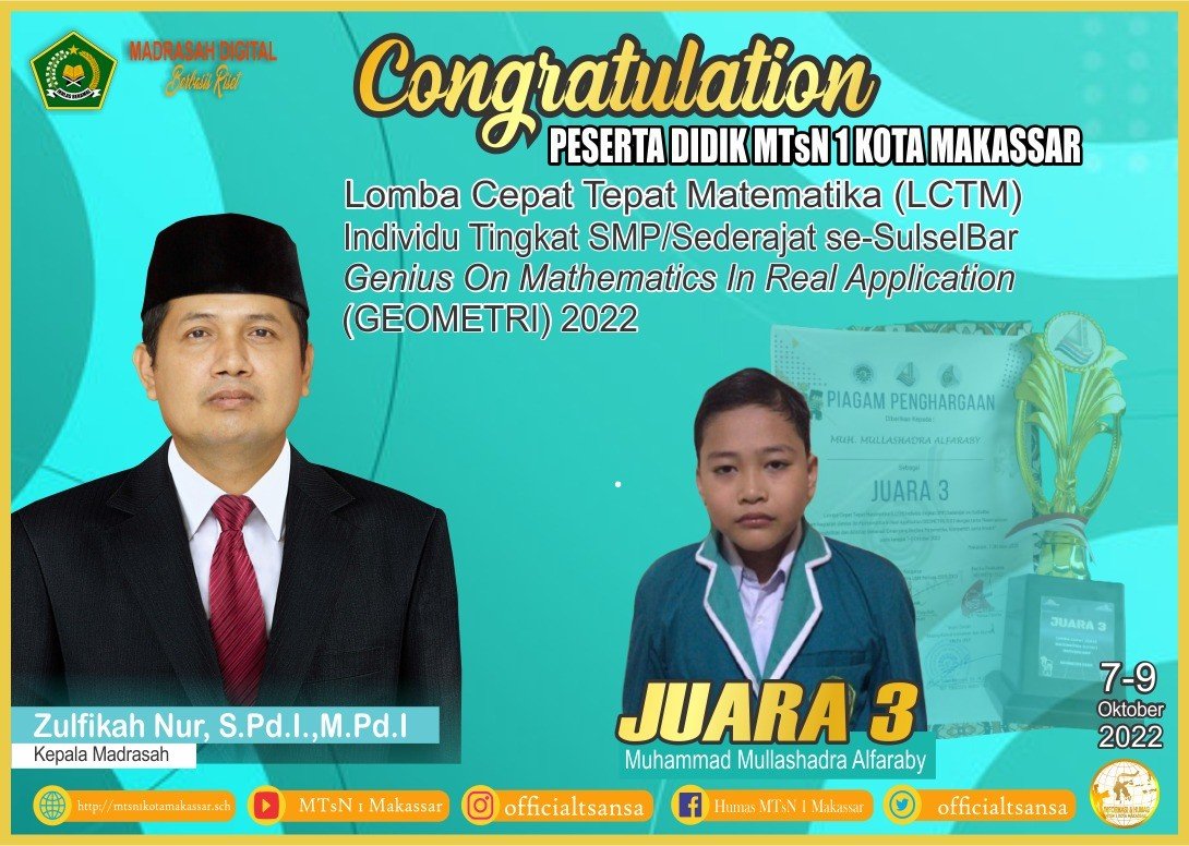 Siswa MTsN 1 Kota Makassar Berhasil Meraih Juara dalam Lomba Cepat Tepat Matematika (LCTM) Individu Tingkat SMP/ MTs Sederajat se-Sulselbar